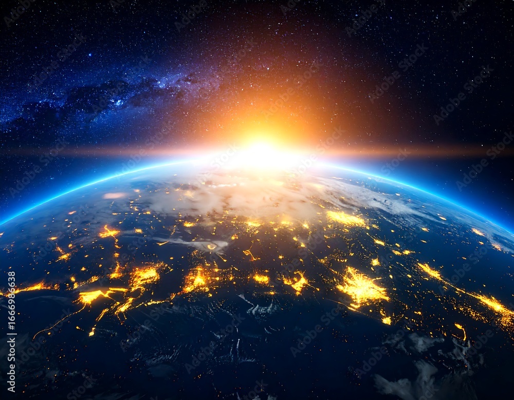 Obraz premium Earth sunrise with space view, and galaxy.