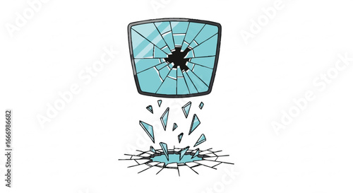 A shattered screen with fragments falling into a cracked surface.