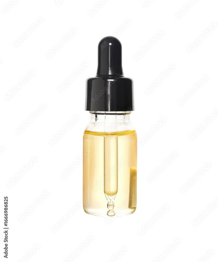 Naklejka premium Small glass dropper bottle with yellow liquid isolated on transparent background