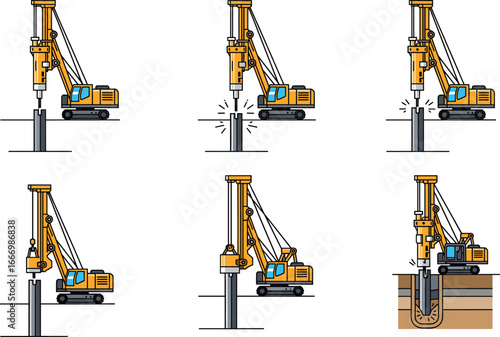 Pile driving construction process, hydraulic hammer machine, foundation drilling method, heavy equipment working on site, civil engineering operation - flat vector illustration