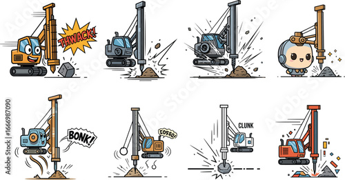 Funny cartoon pile driving machines, cute construction equipment characters, animated building tools, adorable excavation scenes, comic style construction - flat vector illustration