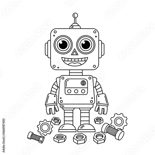 Cheerful Square-Shaped Retro Robot with Gears and Nuts.