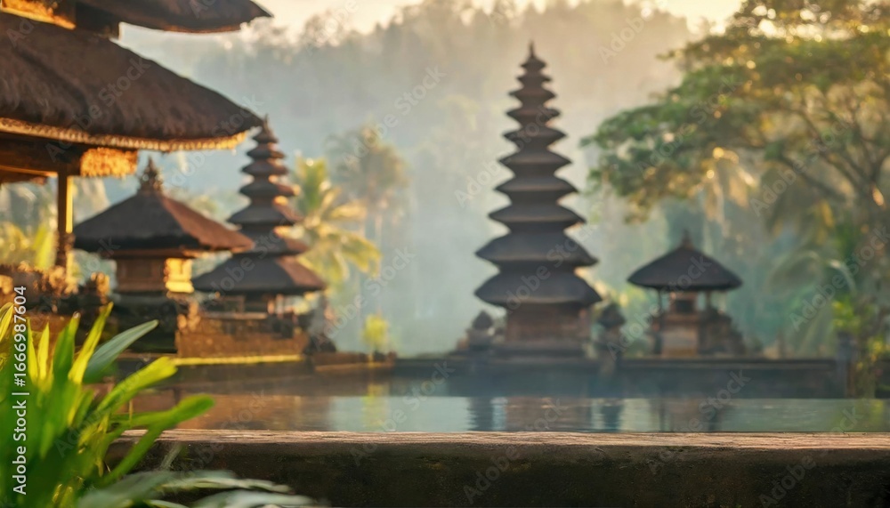 Obraz premium Traditional Balinese temple surrounded by tropical greenery at dawn