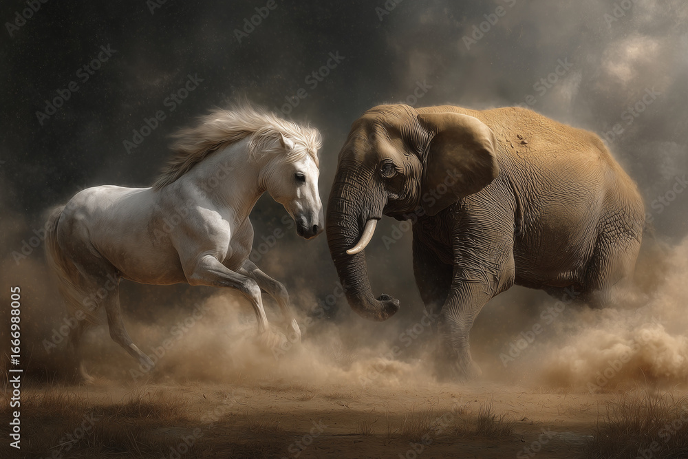 Fototapeta premium A dramatic showdown unfolds as a massive elephant battles a powerful horse in a fierce struggle for dominance.