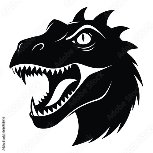 Silhouette of a Black Dinosaur Head with Sharp Teeth and Angry Expression Vector