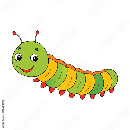 A colorful caterpillar with a smiling face crawls happily, showcasing its bright segments and cheerful charm, bringing joy and playfulness to the scene.
