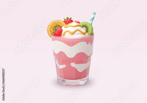 A refreshing strawberry kiwi smoothie with whipped cream and fruit.