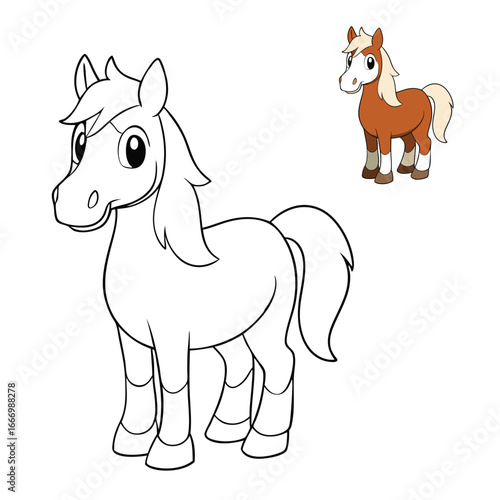 A handsome brown and white horse coloring page, showcasing its strong body, flowing mane, and gentle eyes—perfect for kids and adults to bring to life with colors.
