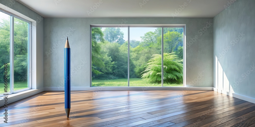 Naklejka premium Giant Pencil in a Sunlit Room with Wooden Floor and Green View