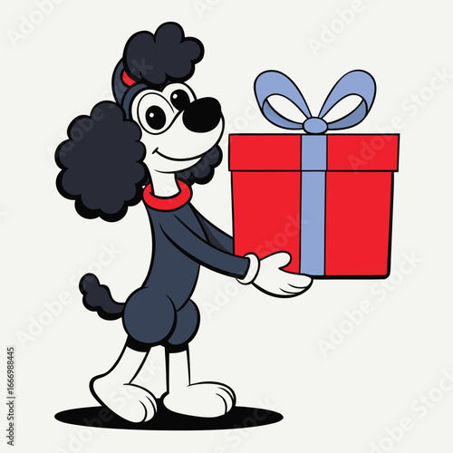 Happy cartoon poodle holding a red gift box