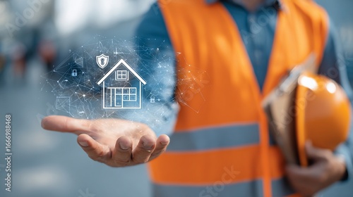 Construction worker presenting smart home concept with virtual building & security