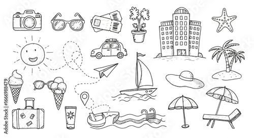 A Collection of Hand-Drawn Illustrations Depicting a Summer Vacation with Various Travel and Leisure Elements