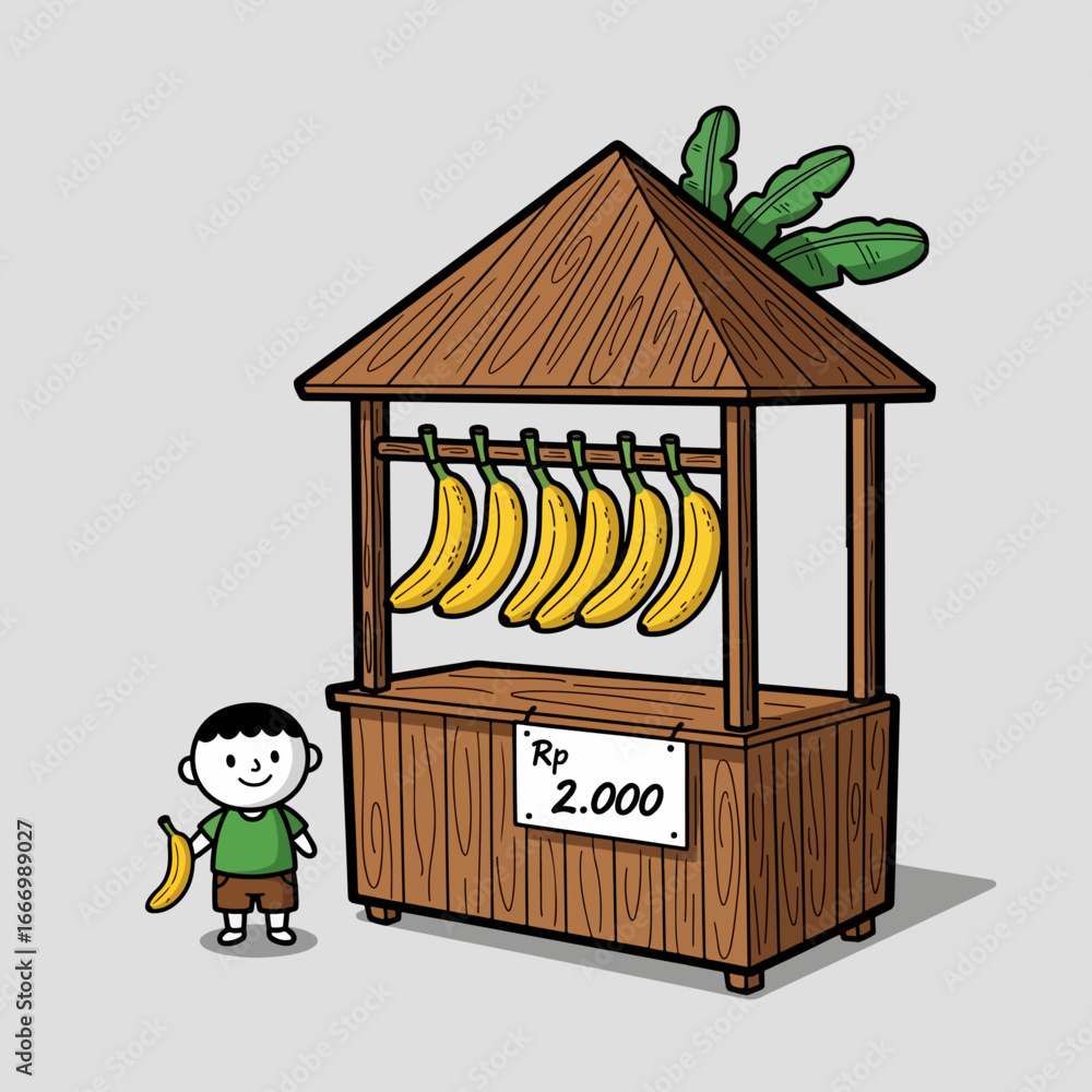 Obraz premium Cute cartoon illustration of a little boy with his banana fruit stall, a charming depiction of a local market and small business