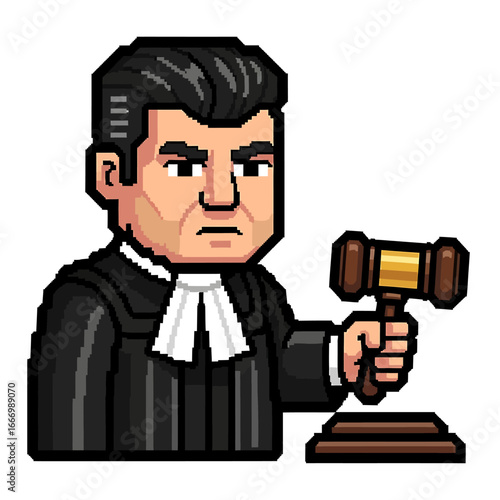 Pixelated illustration of a stern judge holding a gavel, ready to preside over a court session.