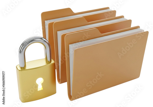 Secure data storage golden padlock protecting confidential files in manila folders organized digital information security concept transparent background