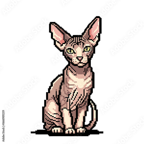 Pixel art depiction of a hairless Sphynx cat sitting upright, with large ears and yellow eyes, on a white background.