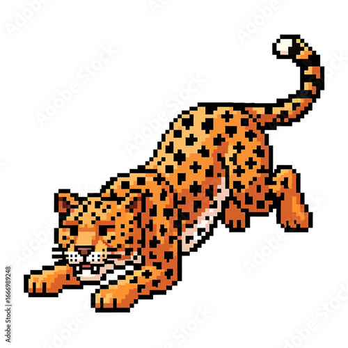 Pixel art illustration of a leopard in a playful, stretching pose against a white background.