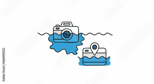 Drowning Camera and GPS Icon Illustration of Lost Memories Data Loss or Waterproofing Issues
