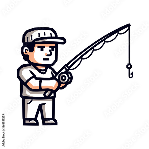 A cartoon fisherman patiently casts his fishing rod, hoping for a catch.