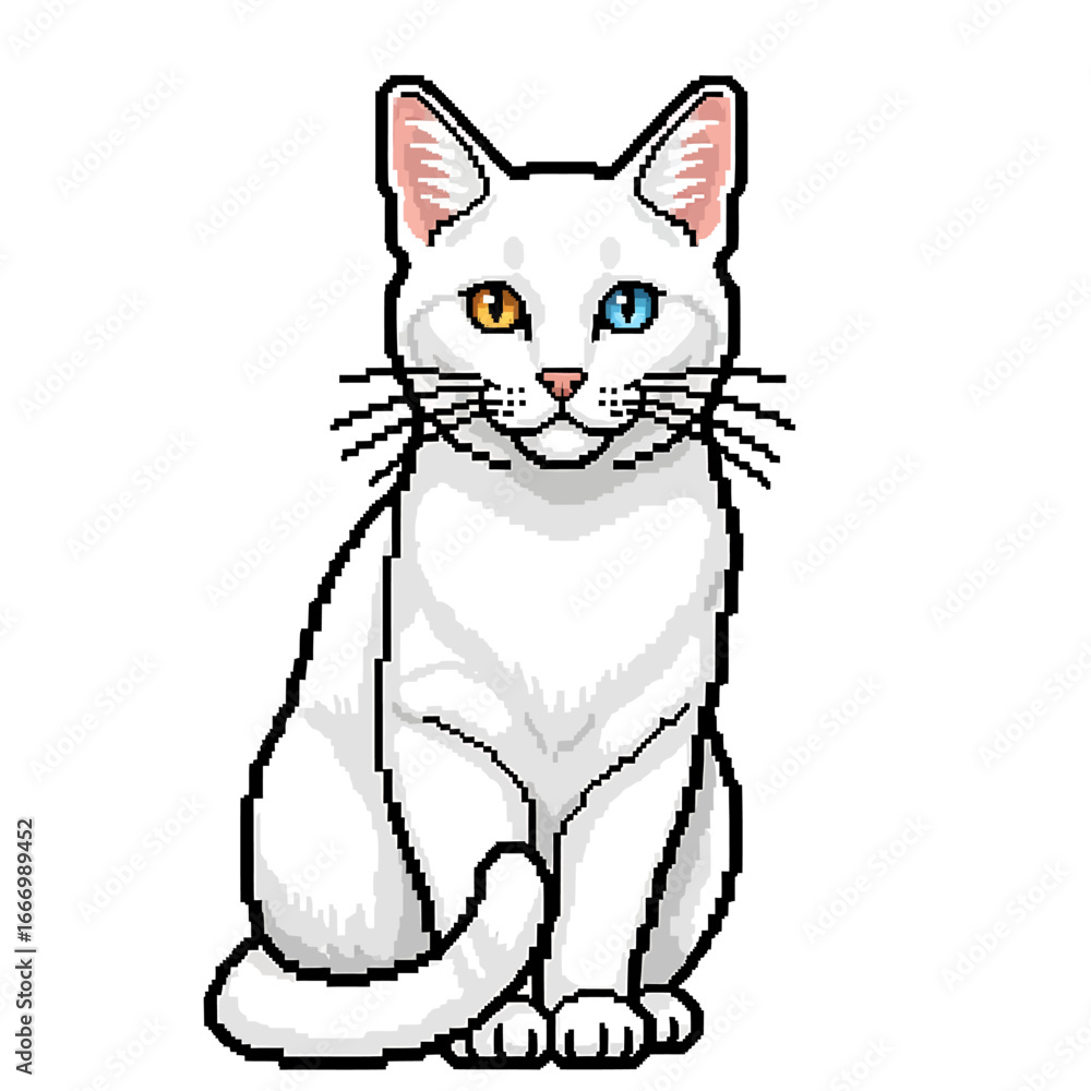 Obraz premium A pixelated white cat with striking eyes, sitting upright and facing forward.