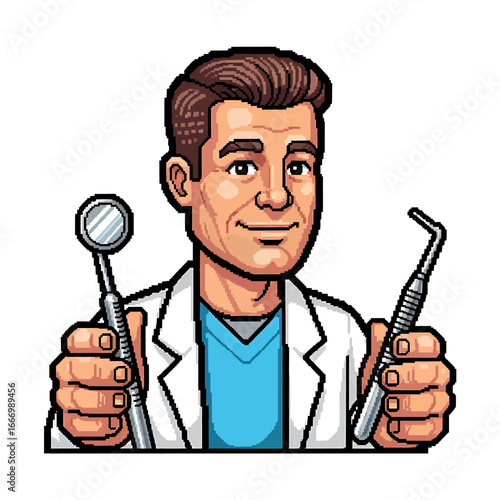 A smiling dentist holding dental tools, ready for a checkup or procedure.