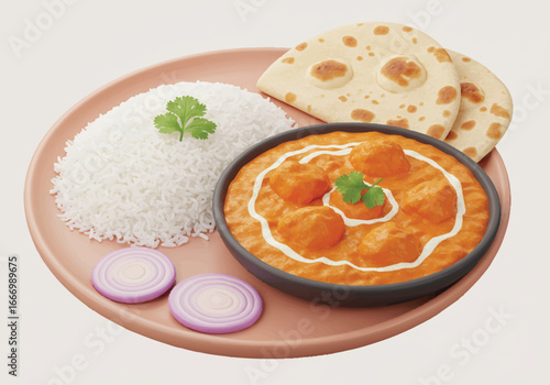 Delicious Butter Chicken with Rice and Naan Bread Indian Food Photo