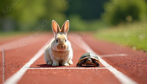 A playful bunny and tortoise sit at the starting line on a red running track, embodying perseverance and competition. The scene humorously contrasts speed and patience, highlighting a timeless fable.