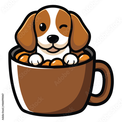 Cute beagle puppy in a coffee cup winks