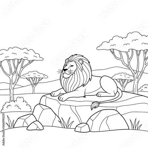Majestic Male Lion Resting on Rocks, Line Art Illustration.
