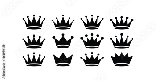 Set of twelve black crown icons with varied silhouettes—symbols of royalty, luxury, leadership, achievement, and regal branding elements 