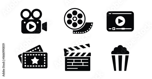  Set of black cinema icons including camera, film reel, video player, tickets, clapperboard, and popcorn—symbols of movie and entertainment