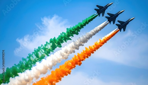 Fighter jets release tricolor smoke trails representing national pride during an air show or Republic Day celebration