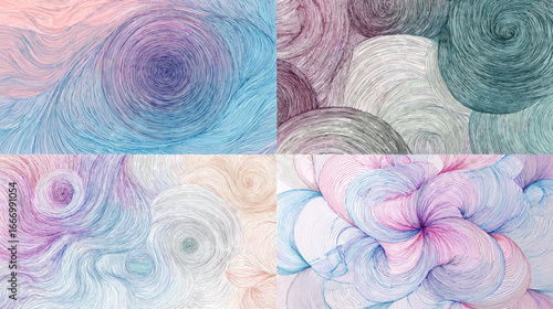 Soft abstract artwork with pastel swirling strokes in pink, blue, and lavender hues. Elegant and calming design for backgrounds, textiles, or wall art.