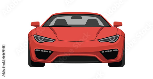 Front view red sports car illustration with sleek headlights, tinted windshield, and aerodynamic styling—symbol of speed, power, and luxury