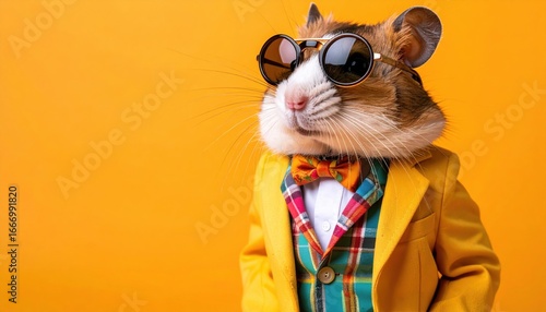 Whimsical fashion concept with a hamster in vibrant yellow suit and bowtie exuding confidence and humor on a bold orange backdrop