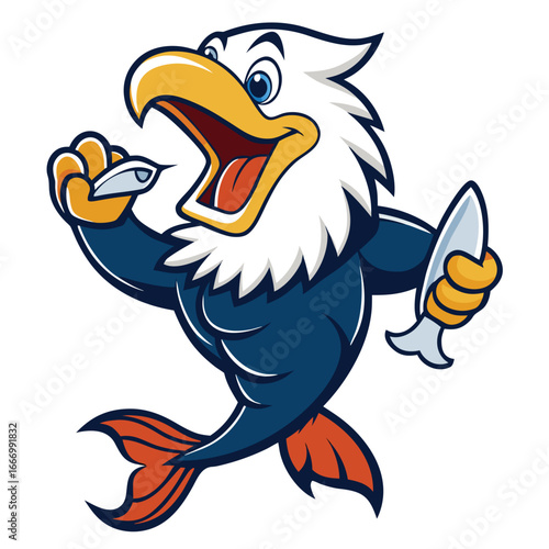Cartoon Eagle Character Eating Fish Enthusiastically