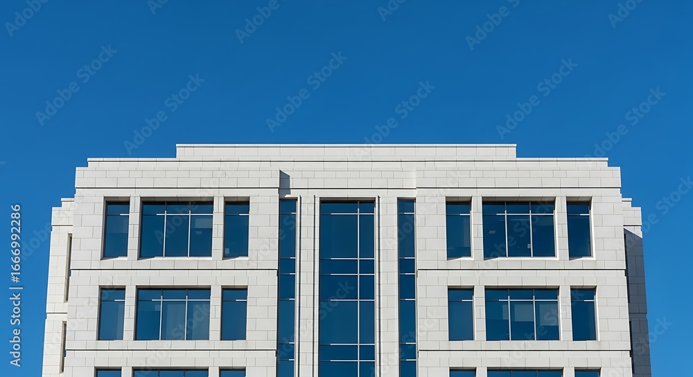 Fototapeta premium Close-up view of a modern white building with symmetrical windows against a clear blue sky.