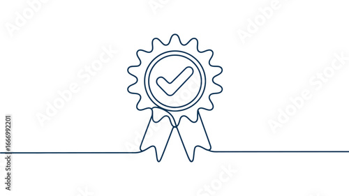 Quality assurance badge icon with checkmark and ribbon tails, symbolizing certification, approval, verified status, and excellence