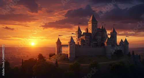 Majestic Medieval Castle at Sunset: Dramatic Fantasy Landscape, Epic Scenery