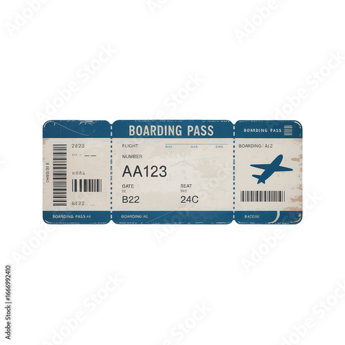 Blue airplane boarding pass with flight details isolated on a transparent background