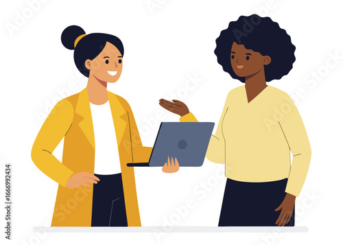Two diverse businesswomen collaborating on a laptop discussing project ideas together indoors