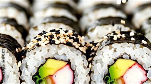 Closeup of sushi rolls featuring seaweed wrap rice avocado crab sesame seeds