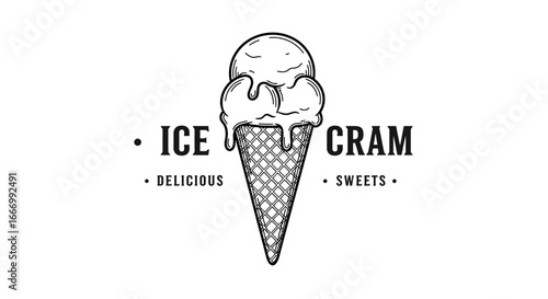 Hand Drawn Vintage Ice Cream Cone with Two Scoops Dripping Delicious Sweet Treat for Summer Fun and Refreshment