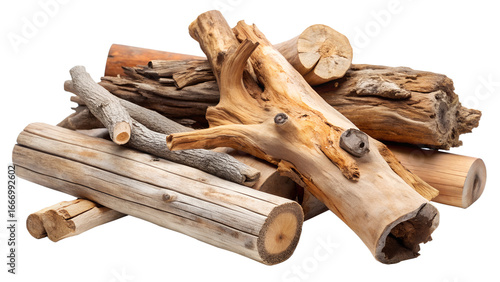 Pile of dry firewood logs and branches isolated on transparent background, a natural resource for fuel and heating during the winter season