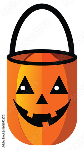 A cheerful orange plastic jack o lantern bucket with a handle perfect for halloween trick or treating