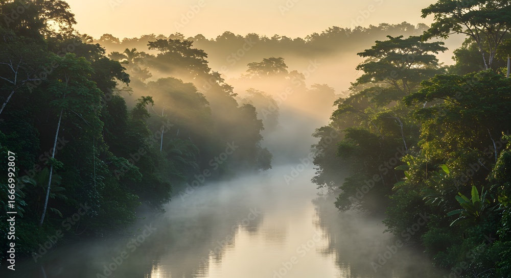 Naklejka premium Serene Sunrise Mist Over Lush Tropical River, Tranquil Jungle Landscape Photography