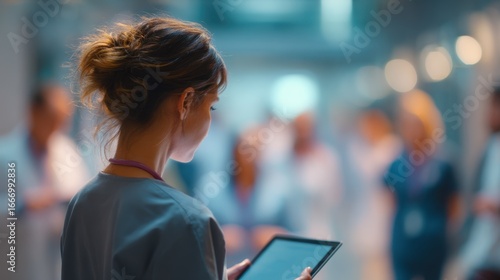 Close medium shot of a clinician using a tablet for quick learning snippets surrounded by softly blurred peers capturing the essence of a digital peertopeer microlearning ward