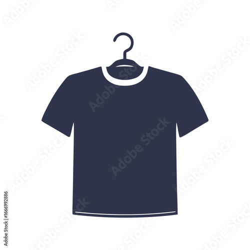 Dark blue t shirt on a hanger with white collar and hem on white background clothing apparel