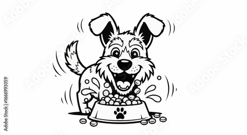 Excited Cartoon Dog Eating from Bowl