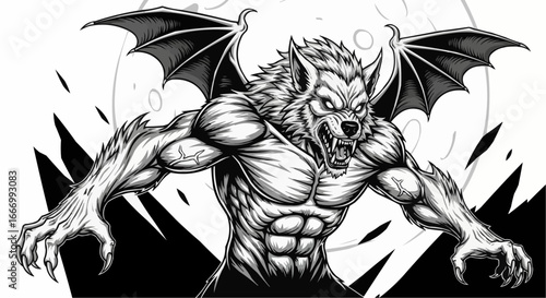 Fierce Werewolf with Bat Wings Against Full Moon